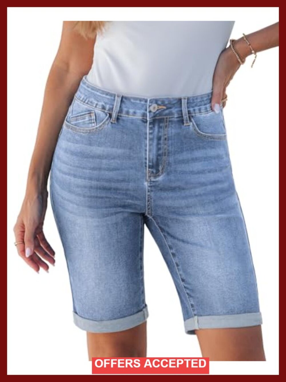 Bermuda Shorts with 10" Inseam High Waisted Cuffed Hem Stretchy Denim Jorts 5